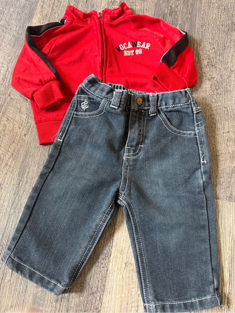 Vintage Y2K Rocawear Baby Boys Set Red Black Track Jacket & Denim Jeans 3-6M